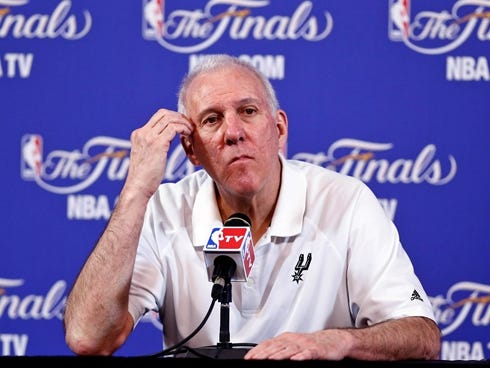 Jun 19, 2013; Miami, FL, USA; San Antonio Spurs head coach Gregg Popovich talks with the media following practice before game seven of the 2013 NBA Finals against the Miami Heat at the American Airlines Arena. Mandatory Credit: Derick E. Hingle-USA T