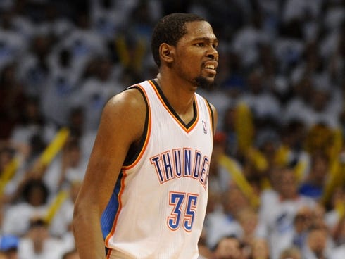 May 15, 2013; Oklahoma City, OK, USA; Oklahoma City Thunder forward Kevin Durant (35) reacts to play in action against the Memphis Grizzlies during the second half in game five of the second round of the 2013 NBA Playoffs at Chesapeake Energy Arena. 