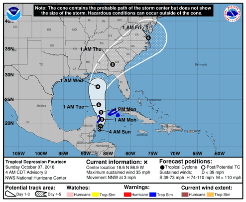 The official forecast track for the tropical depression forecasters say will become Hurricane Michael.