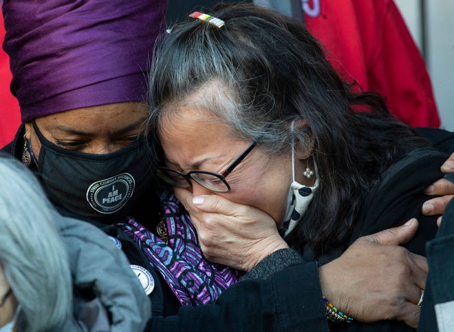 Mental health needs skyrocket, elderly at risk - Jo-Ann Yoo, executive director of the Asian American Federation, cries after speaking in March at a press conference outside a building where a 65-year-old Asian American woman was attacked in New York. The attack, which took place on a sidewalk in broad daylight in Midtown Manhattan on March 29, was caught on CCTV footage from inside an adjacent building.