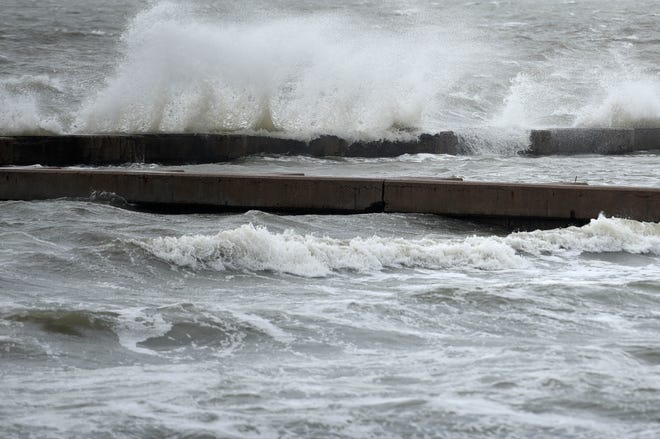 Storm surges will be seen on Monday, September 13, 2021 near the port in front of the tropical cyclone Nicholas in Corpus Christi, Texas. Corpus Christi will issue a storm surge warning for the next few days.