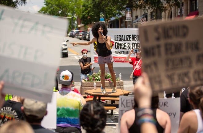 After Supreme Court abortion ruling, protests, celebrations spread - breaking news now Commissioner Mariah Parker delivers a speech during an abortions rights rally in response to the U.S. Supreme Court decision overturning Roe v. Wade on Saturday, June 25, 2022 in downtown Athens.