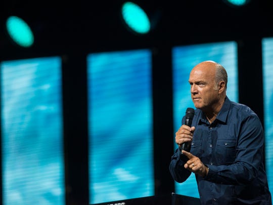 Greg Laurie delivers a sermon at Angel Stadium in Anaheim, Calif., in 2017.
