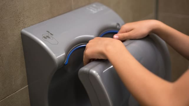 When you use the hand dryer in a public restroom, it's blowing dirty bathroom air all over your hands.