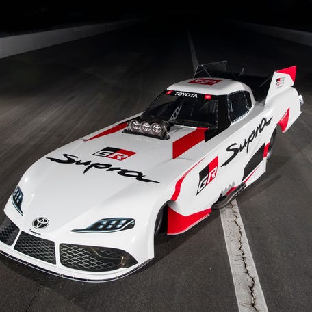 This photo provided by Toyota Racing shows the Toyota Supra Funny Car. On Sunday, Nov. 14, 2021, Toyota unveiled the GR Supra it will use in the 2022 NHRA season, ending a 10-year run with the Camry in Funny Car competition. (Mark Rebilas/Toyota Racing via AP)