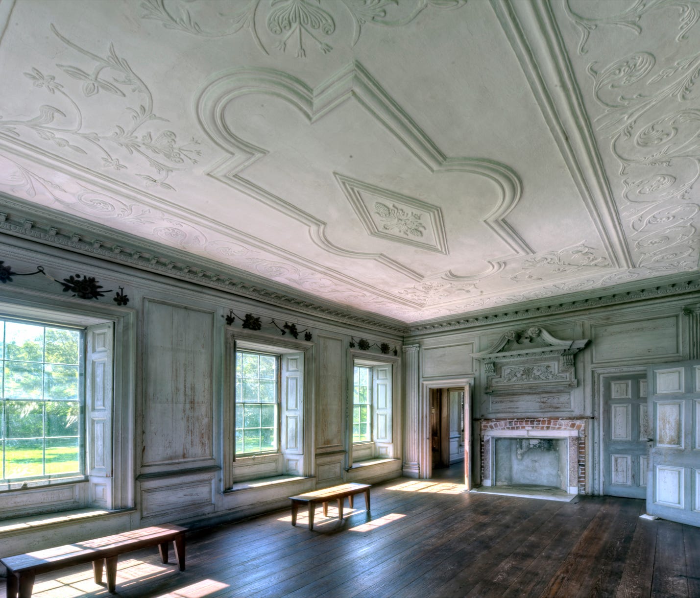 John Drayton's guests would have retired to the first-floor withdrawing room for conversation, games and other social interaction. The ornate ceiling is the only one in the house that is original to the time of construction and considered the oldest 