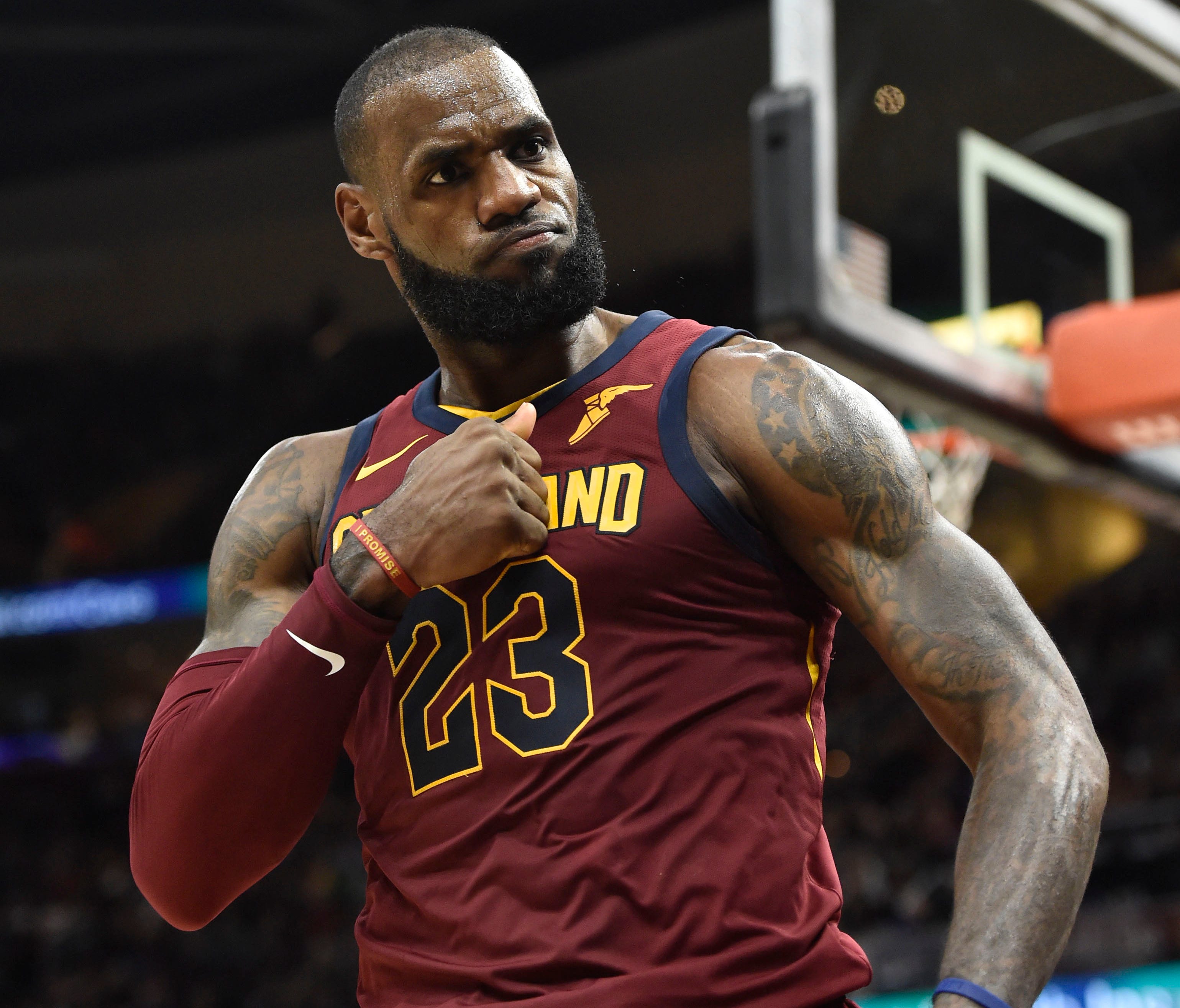 Cleveland Cavaliers forward LeBron James (23) reacts after a basket in the fourth quarter against the Indiana Pacers at Quicken Loans Arena.
