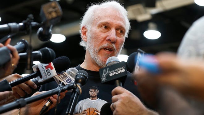 San Antonio Spurs coach Gregg Popovich addresses the media Tuesday in San Antonio, the day after Tim Duncan announced his retirement.