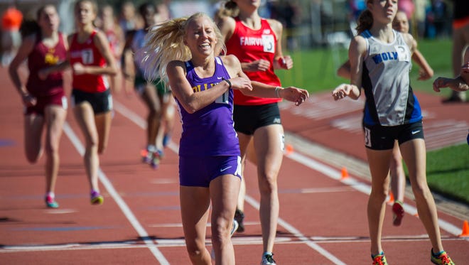 Fort Collins' Lauren Gregory smiles after crossing the finish line in the 5A girls 800 meter during the CHSAA Track and Field championships Sunday, May 21, 2017 at Jeffco Stadium. She finished first with a time of 2:10.94.