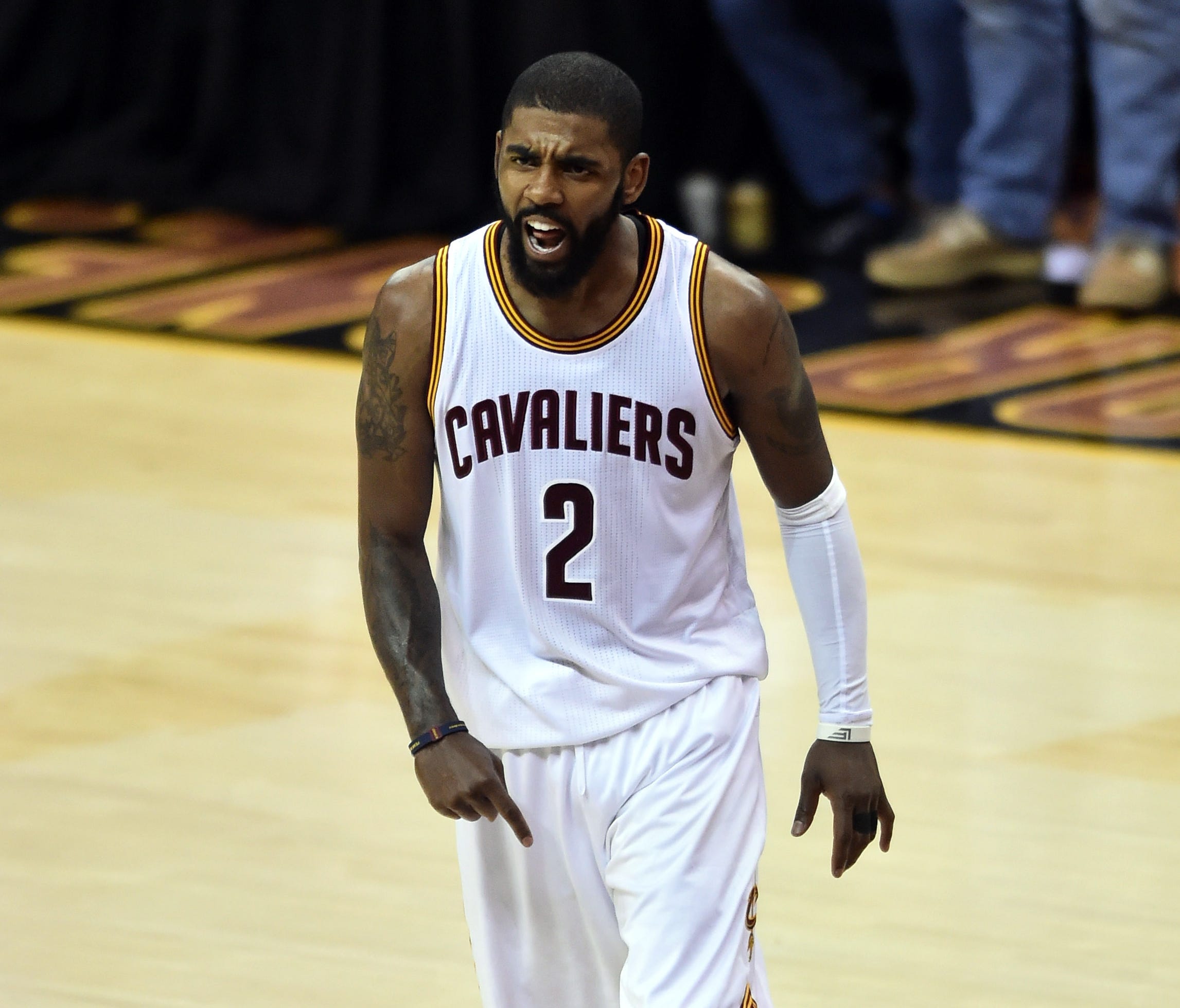 Kyrie Irving celebrates during the fourth quarter against the Golden State Warriors in Game 4 of the 2017 NBA Finals.