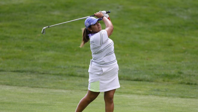 Lizette Salas hits her fairway shot on the 10th hole during the third round of the Meijer LPGA Classic golf tournament Saturday, July 25, 2015, in Belmont.