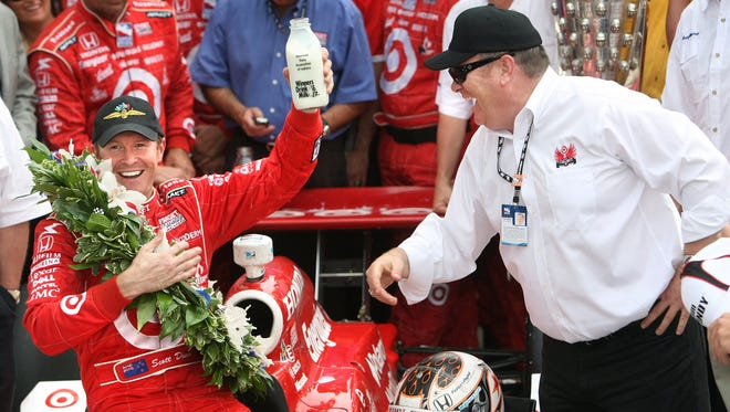 2008 Indianapolis 500 winner Scott Dixon is teased by team owner Chip Ganassi in Victory Circle at the Indianapolis Motor Speedway Sunday May 25th, 2008.