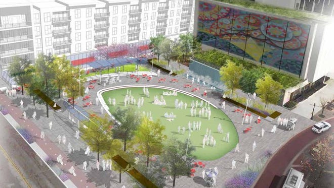 A rendering of a park at 4th and Main streets in Downtown Evansville. The park is an idea included in the Downtown Master Plan.