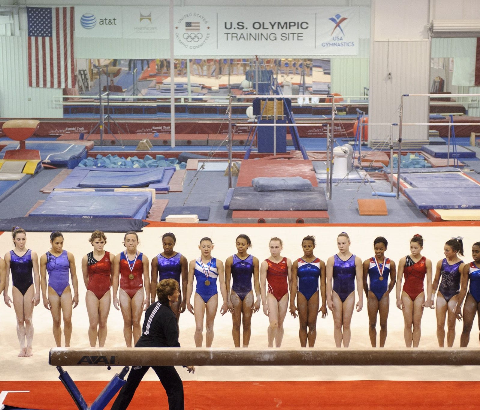 Martha Karolyi addresses gymnasts in the gym at the Karolyi ranch in 2012.