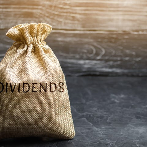 A canvas bag labeled as "dividends".