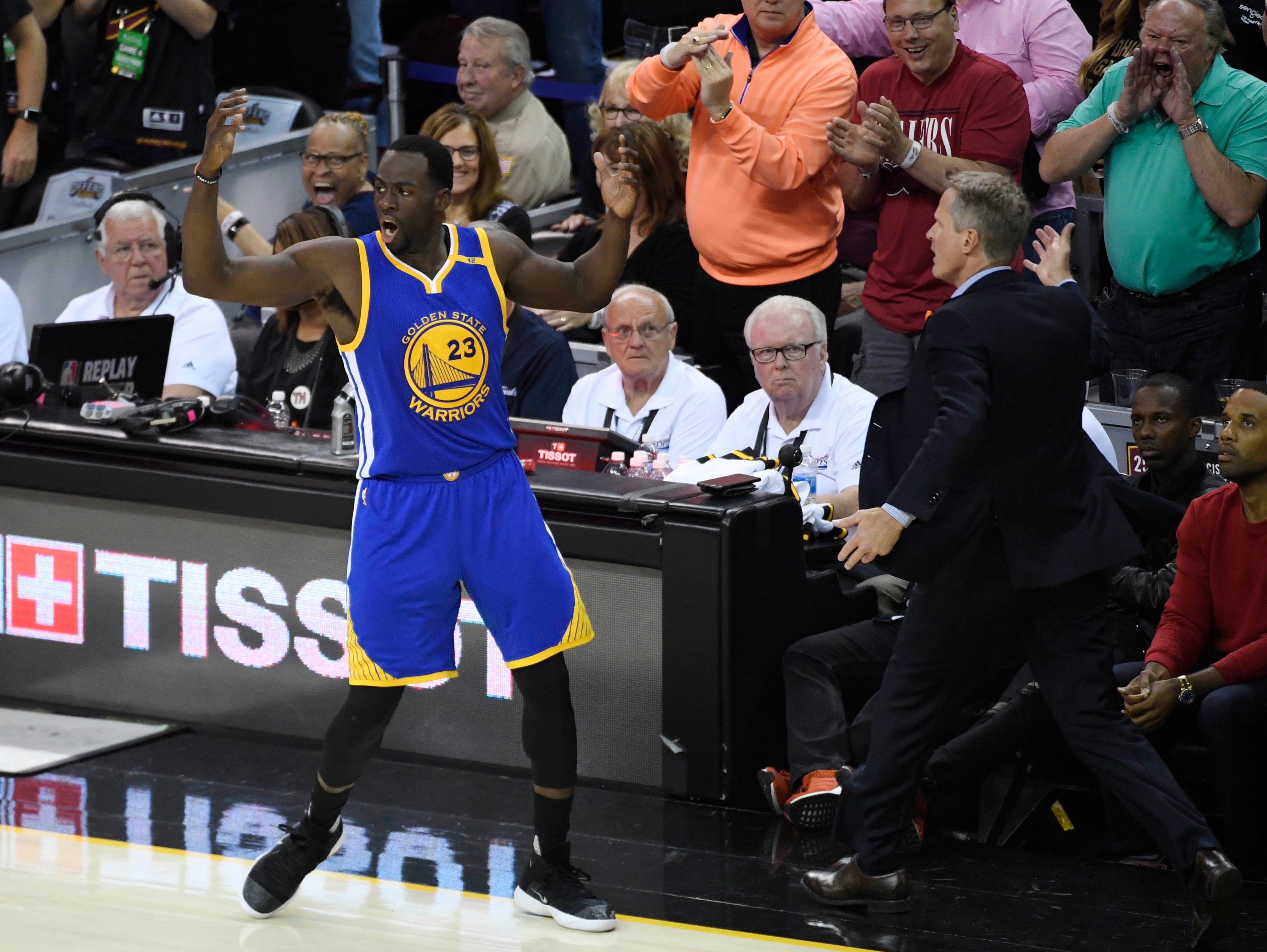 Draymond Green reacts against the Cleveland Cavaliers during the first half of Game 4 of the 2017 NBA Finals.