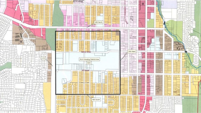 A map depicting the proposed Southern Utah University Student Housing District zone.