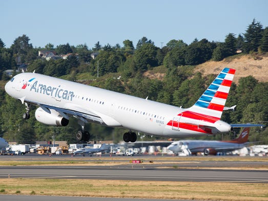 An American Airlines Airbus A321 jet leaves Seattle's