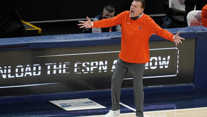 Illinois head coach Brad Underwood argues a call against Baylor, Wednesday, Dec. 2, 2020, in Indianapolis.
