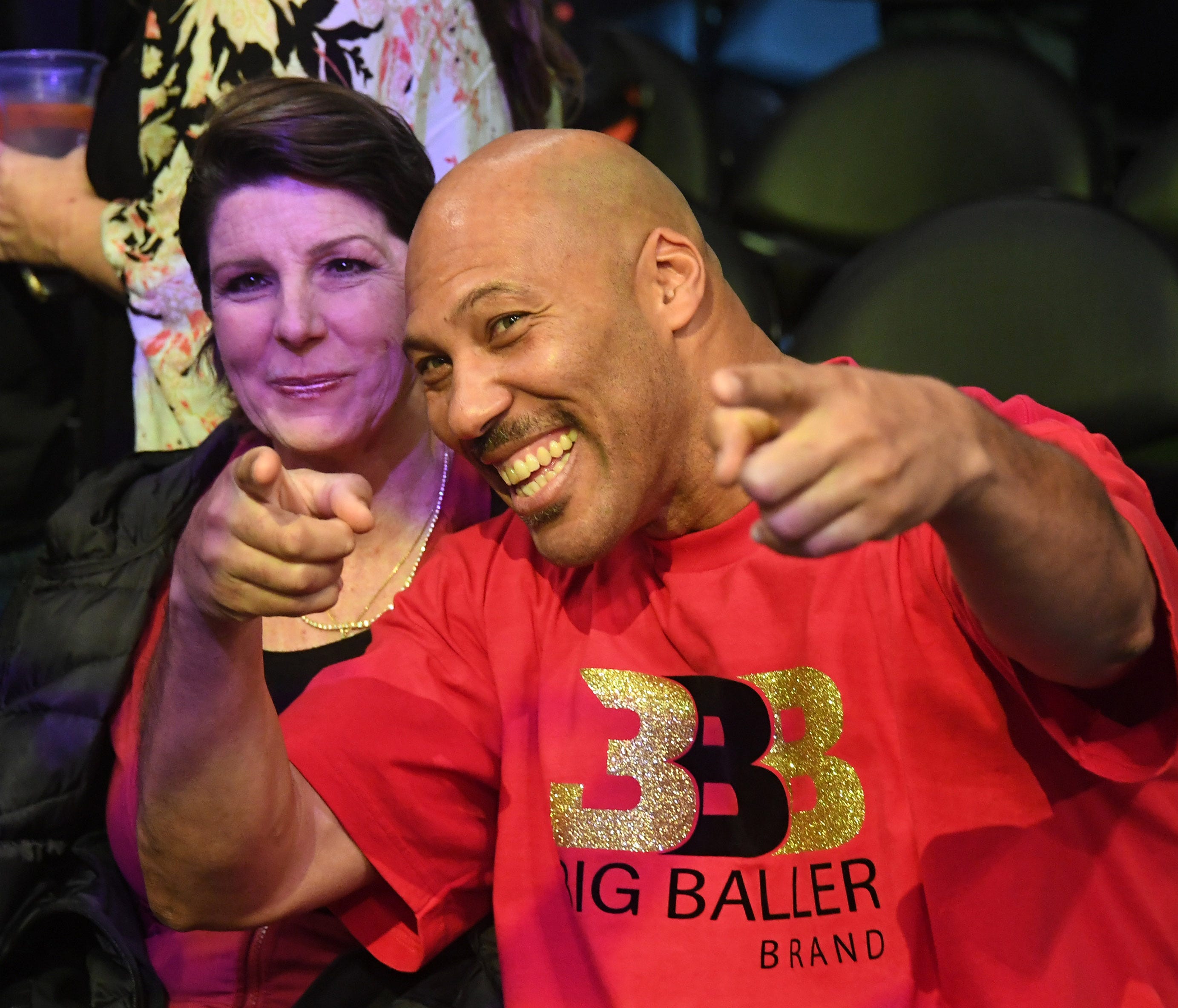 Nov 29, 2017; Los Angeles, CA, USA;  LaVar Ball (right) poses for cameras with his wife Tina (left) before game involving their son Los Angeles Lakers guard Lonzo Ball (not pictured) against the Golden State Warriors at Staples Center. Mandatory Cred