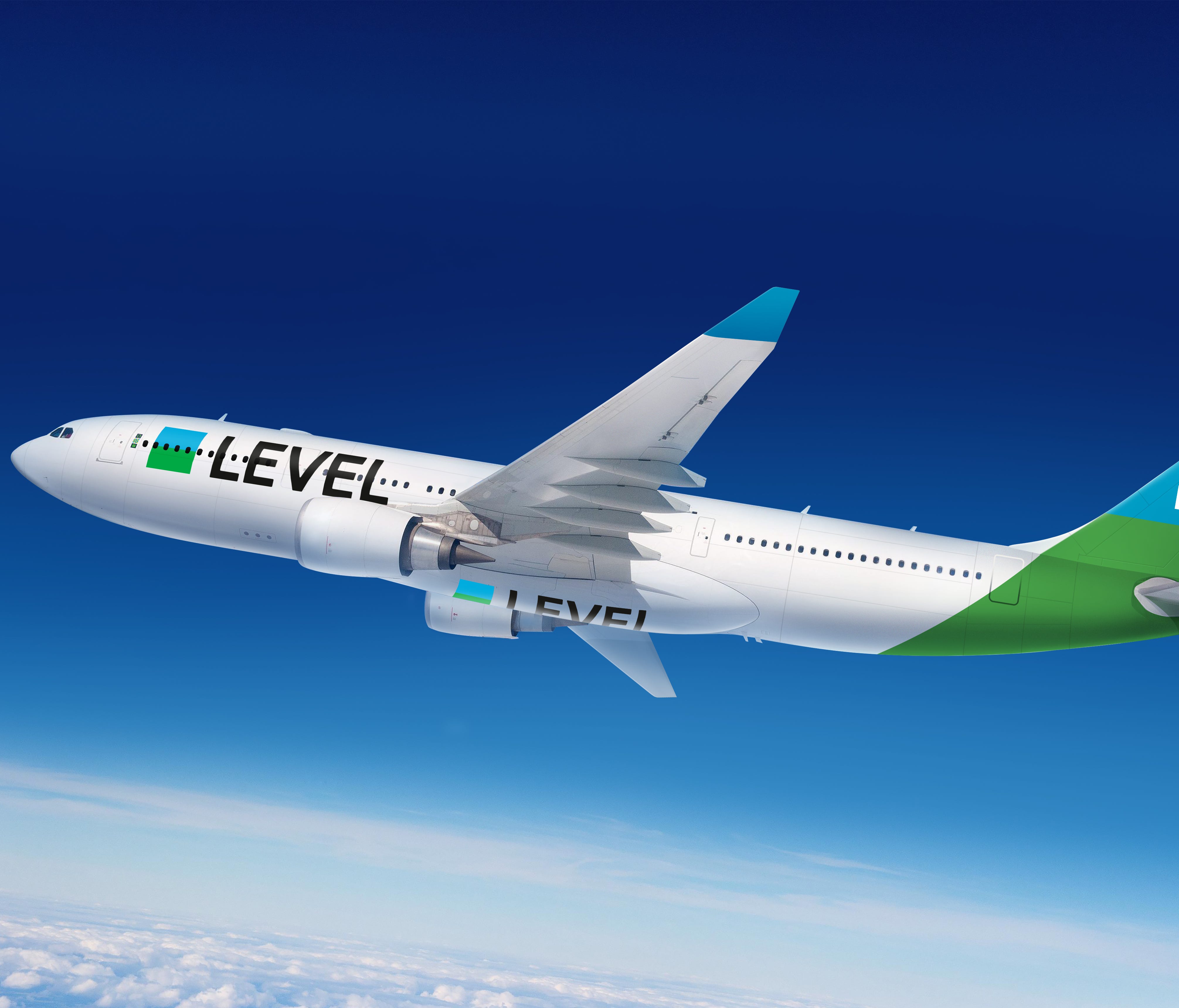 This image, provided by the International Airlines Group (IAG), shows the paint scheme planned for the company's start-up budget airline: Level.