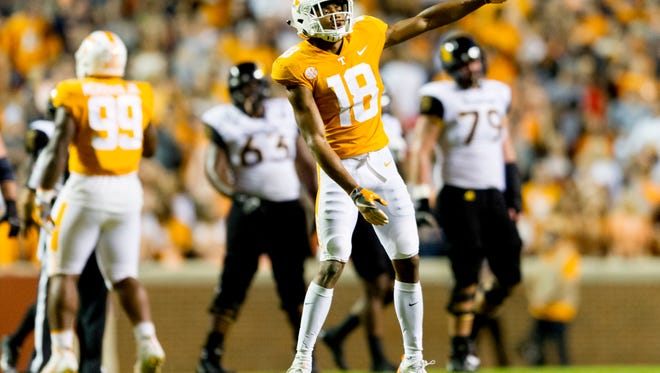 Tennessee defensive back Nigel Warrior (18) dances to the music during an game between Tennessee and Southern Miss at Neyland Stadium in Knoxville, Tennessee, on Saturday, Nov. 4, 2017.
