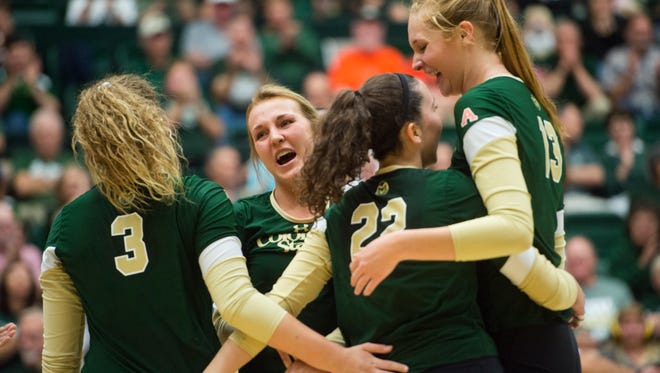 CSU celebrates after scoring against North Dakota State at Moby Arena Friday, August 26, 2016. 