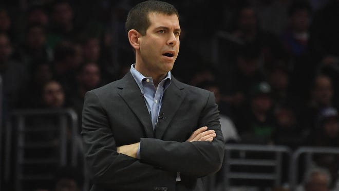 Jan 24, 2018; Los Angeles, CA, USA; Boston Celtics head coach Brad Stevens looks on from the sidelines during the first half against the LA Clippers at Staples Center.
