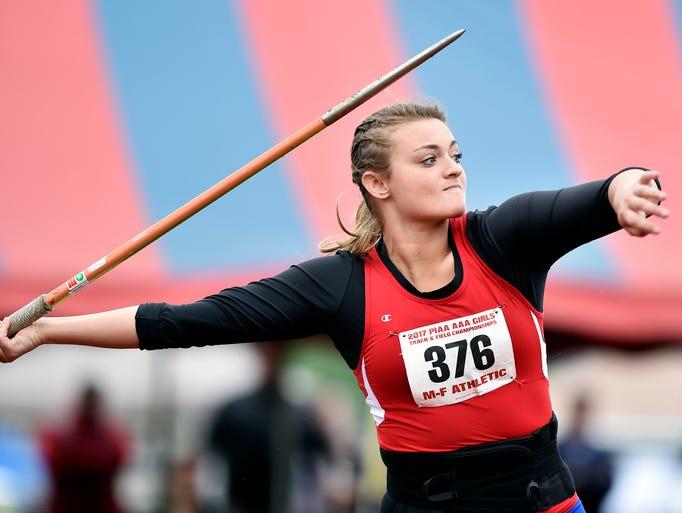 New Oxford's Madi Smith competes in the Class 3A javelin