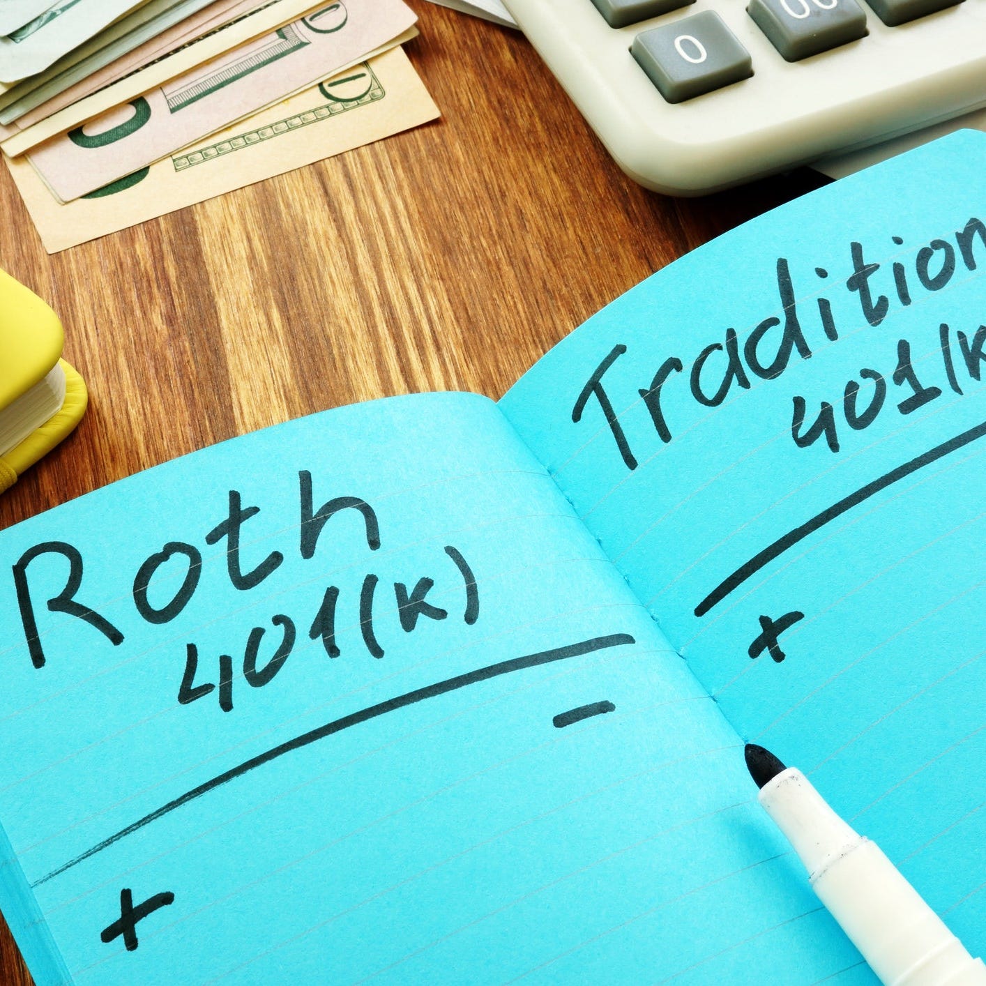 Roth 401(k) and traditional 401(k) pros and cons are written with black marker in a notebook