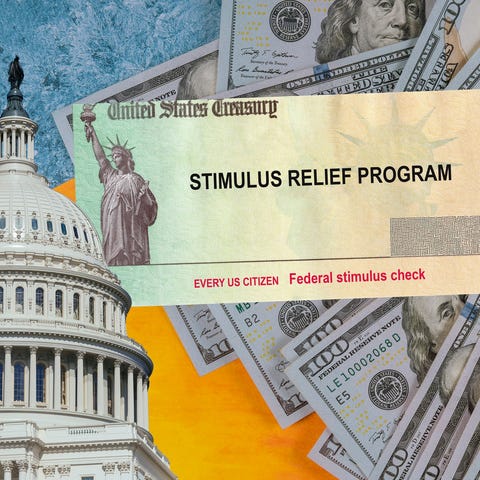 Collage of stimulus check, hundred-dollar bills, a