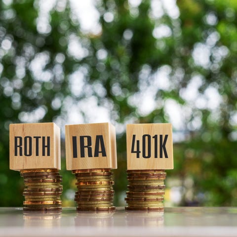 Blocks reading "roth" "ira" and "401k" set on top 