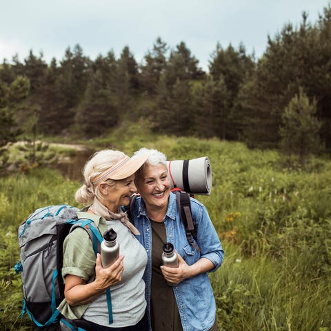 Two older people exploring the outdoors.