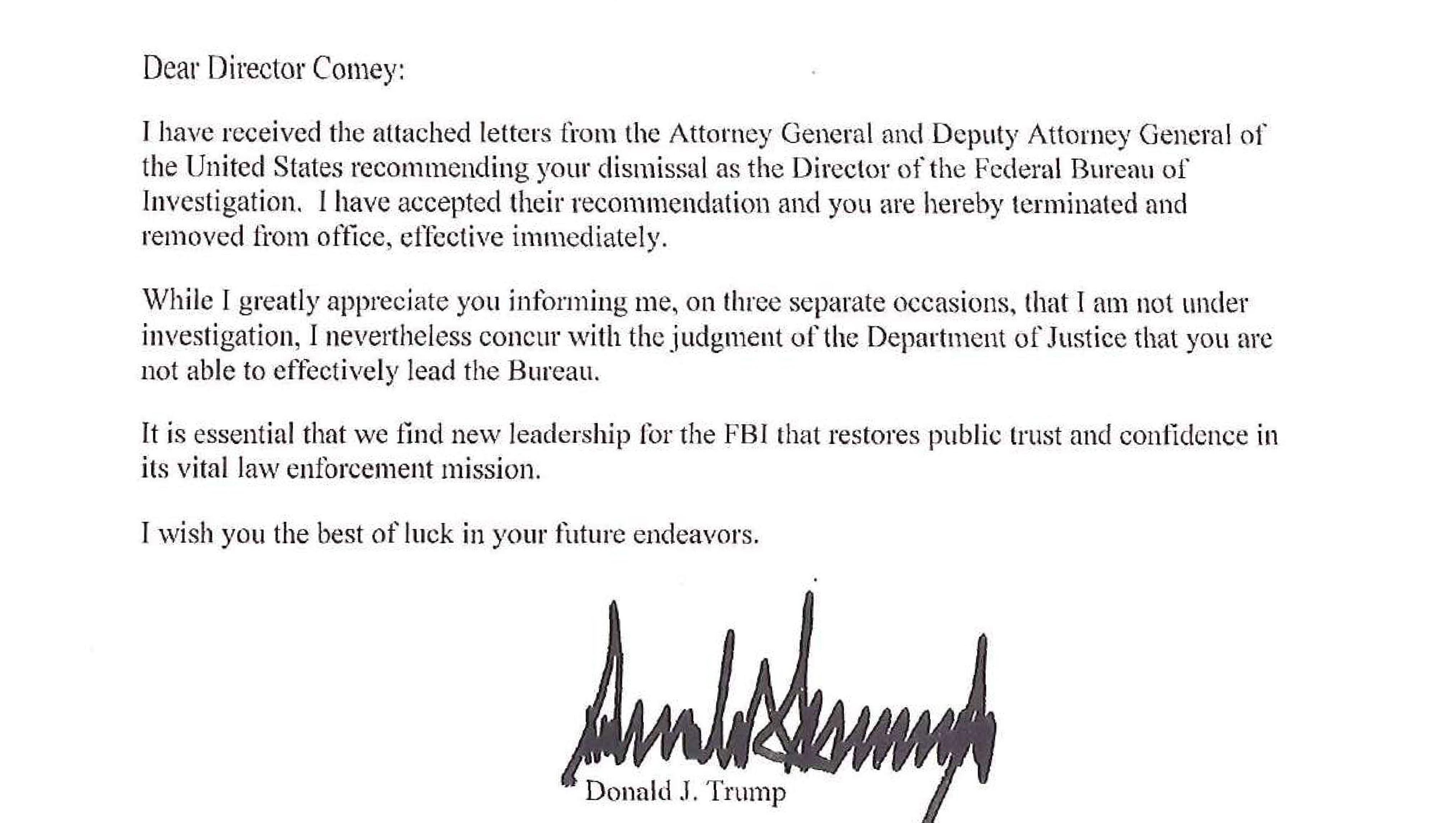 Full Text Of Trump S Letter Telling Comey He S Fired
