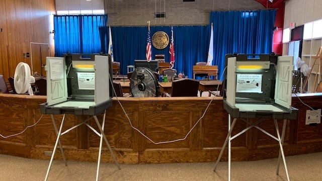 Voting booths at City Hall on Tuesday, Sept. 1, 2020.