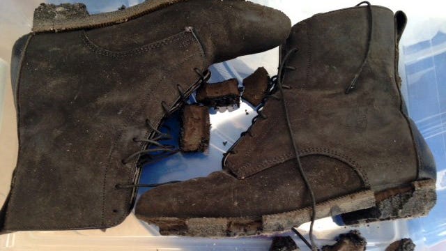 
 A pair of boots with melted soles that Police Detective Carol Orazem wore working at the World Trade Center after the terrorist attacks. 
