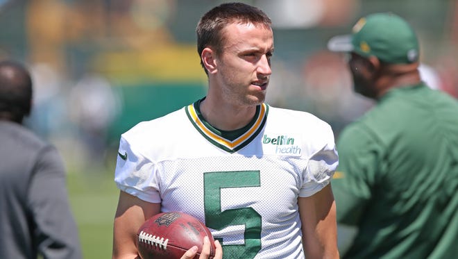 Green Bay Packers punter Justin Vogel (5) looks on during organized team activities at Clarke Hinkle Field on June 1, 2017.