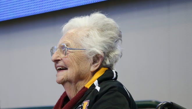 Mar 15, 2018; Dallas, TX, USA; Sister Jean, the 98 year old chaplain of the Loyola (Il) Ramblers, watches during the first half against the Miami (Fl) Hurricanes in the first round of the 2018 NCAA Tournament at American Airlines Center. Mandatory Credit: Tim Heitman-USA TODAY Sports