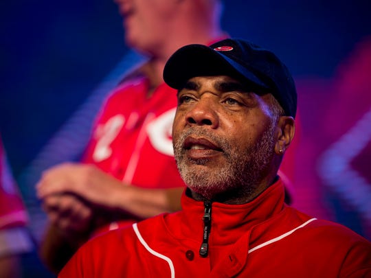 Former Cincinnati Reds player Dave Parker greets fans at Redsfest at the Duke Energy Convention Center in downtown Cincinnati Friday, December 1, 2017.