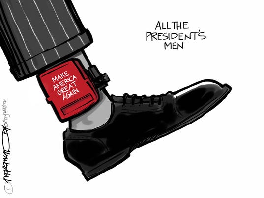 Title:  All the President's Men.  Image:  Foot setting down taking a step with an ankle bracelet in place.