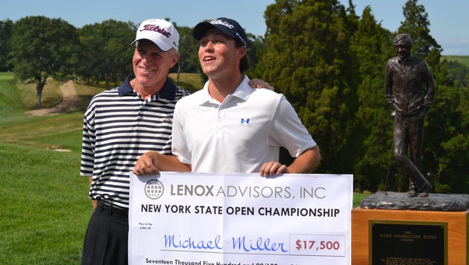Mike Miller, right, celebrated his first professional win at the New York State Open in 2014 with his father, longtime Knollwood head professional, Bob Miller Jr. on the bag.