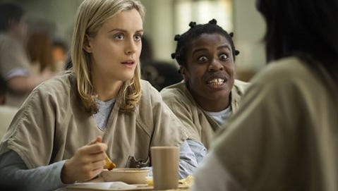 This image released by Netflix shows Taylor Schilling, left, and Uzo Aduba in a scene from "Orange Is the New Black." Saginaw Valley State University Assistant Professor of English Kim Lacey is teaching a course, Writing about Oppression on TV, centering on "Orange Is the New Black," in the winter 2015 semester, The Saginaw News reported.