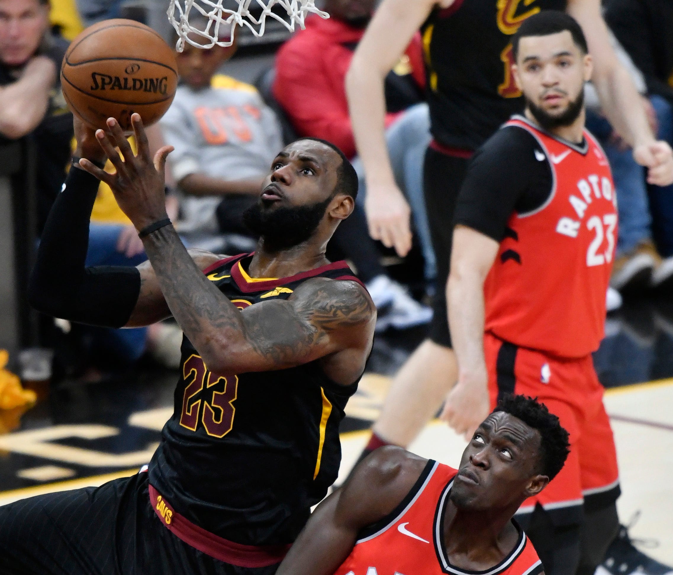 Cleveland Cavaliers forward LeBron James (23) drives against Toronto Raptors forward Pascal Siakam (43) in the second quarter in game four of the second round of the 2018 NBA Playoffs at Quicken Loans Arena.