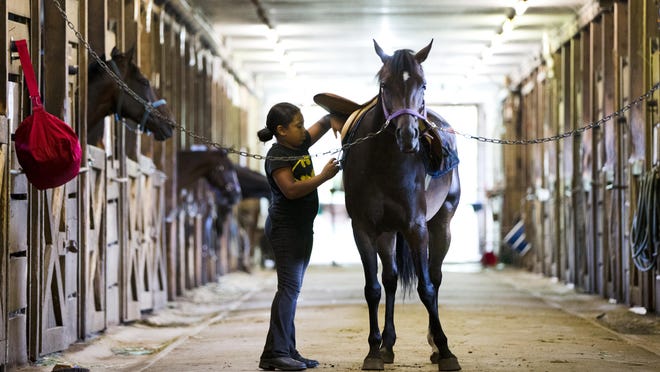 Marisol Jimenez, 9, prepares a pony named Lyric for a ride in Philadelphia.