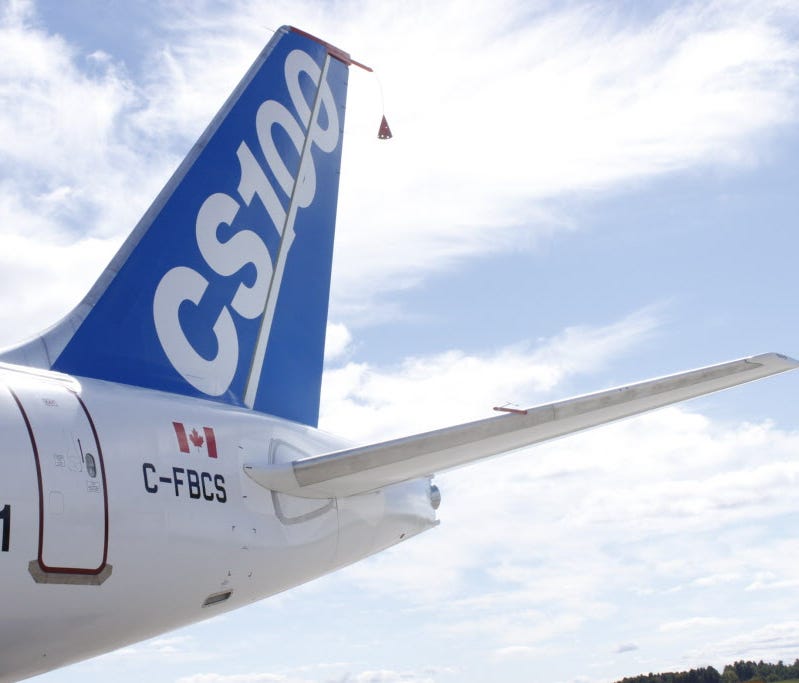 The tail of the Bombardier C Series aircraft is shown Sept. 16, 2013, in Mirabel, Quebec.