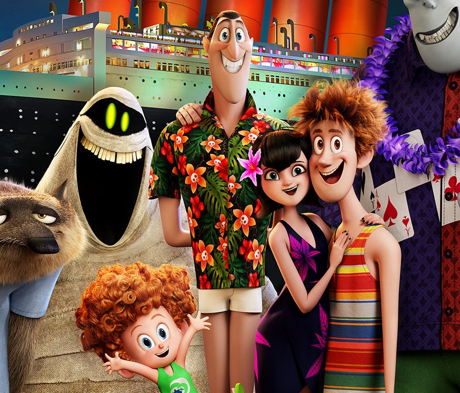 The whole Drac Pack is back next summer for a monster vacation as Griffin the invisible man (far left, David Spade), werewolves Wanda (Molly Shannon) and Wayne (Steve Buscemi), Murray the mummy (Keegan-Michael Key), Dennis (Asher Blinkoff), Dracula (