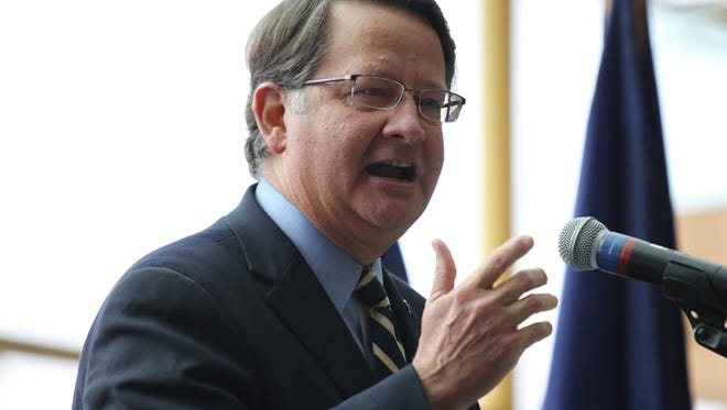 Senator Gary Peters speaks about former Senator Carl Levin during a ceremony where Secretary of the Navy Ray Mabus announces the next Arleigh Burke class destroyer will be named Carl M. Levin.