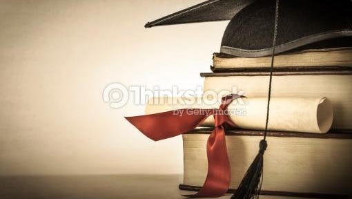 Graduation cap and scroll.