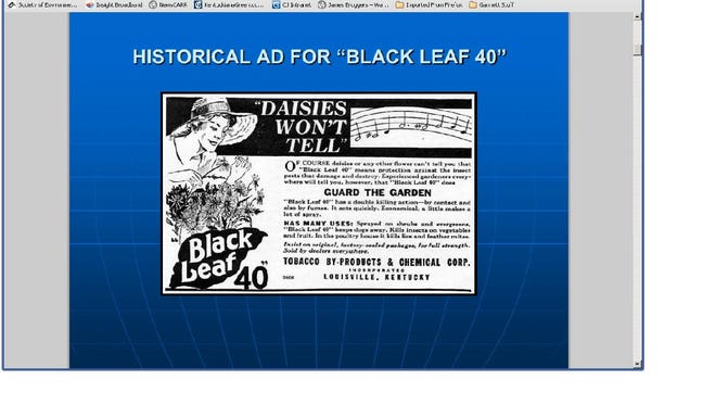Former ad for  Black Leaf pesticide made in Louisville from tobacco plants.