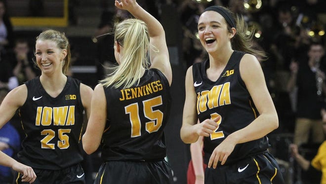 Other than senior Kali Peschel (25), sophomore Whitney Jennings (15) and junior Ally Disterhoft (right), there is plenty yet to be determined in the rotation of the Hawkeye roster.